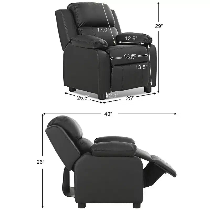 Fauteuil inclinable en similicuir PU pour enfants avec rangement dans les accoudoirs, appuie-tête et repose-pieds réglable