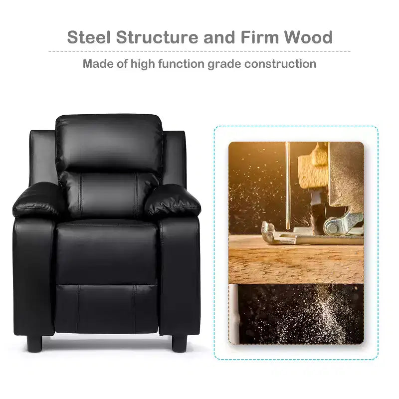 Fauteuil inclinable en similicuir PU pour enfants avec rangement dans les accoudoirs, appuie-tête et repose-pieds réglable