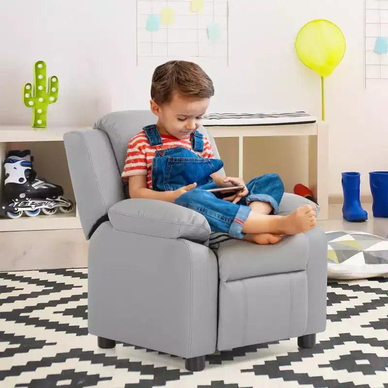 Fauteuil inclinable en similicuir PU pour enfants avec rangement dans les accoudoirs, appuie-tête et repose-pieds réglable