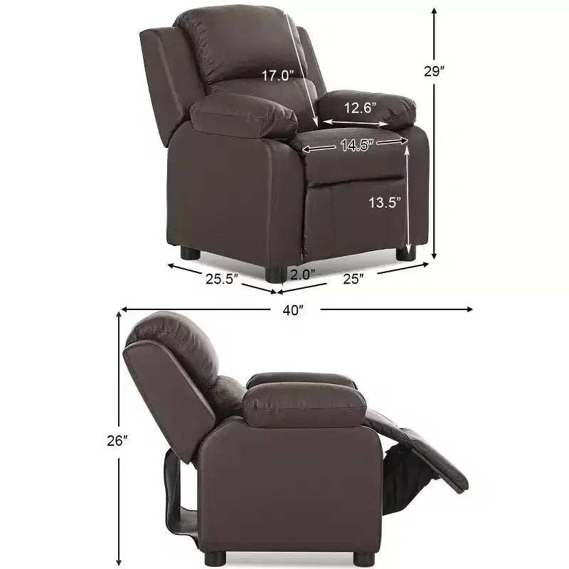 Fauteuil inclinable en similicuir PU pour enfants avec rangement dans les accoudoirs, appuie-tête et repose-pieds réglable