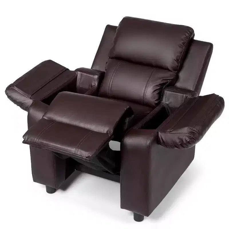 Fauteuil inclinable en similicuir PU pour enfants avec rangement dans les accoudoirs, appuie-tête et repose-pieds réglable