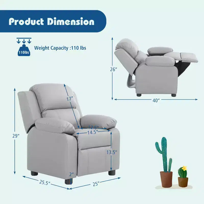 Fauteuil inclinable en similicuir PU pour enfants avec rangement dans les accoudoirs, appuie-tête et repose-pieds réglable