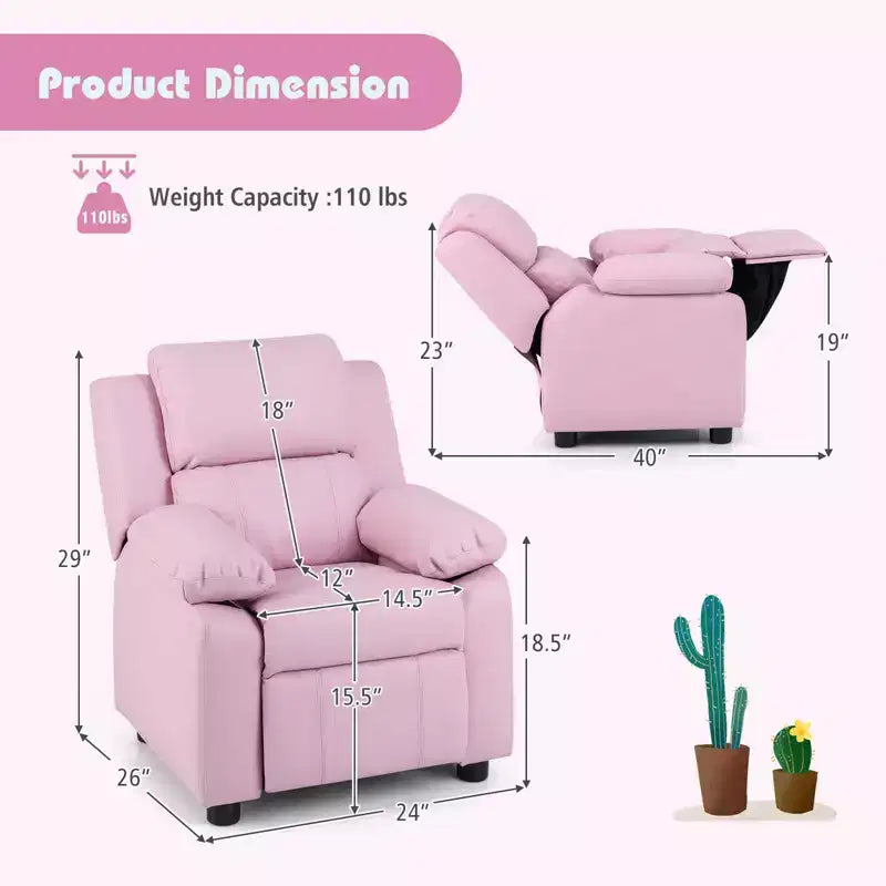 Fauteuil inclinable en similicuir PU pour enfants avec rangement dans les accoudoirs, appuie-tête et repose-pieds réglable