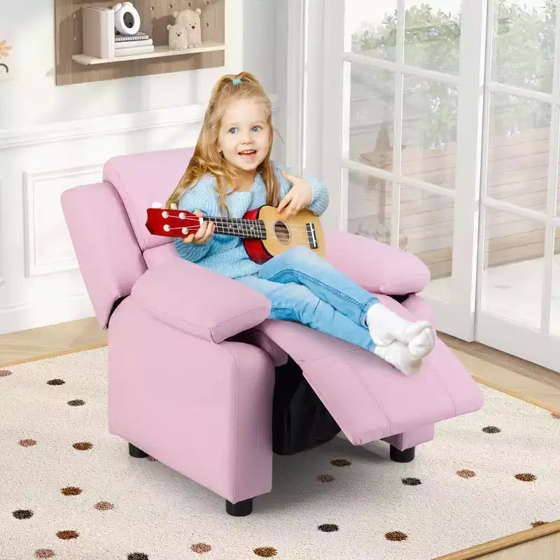 Fauteuil inclinable en similicuir PU pour enfants avec rangement dans les accoudoirs, appuie-tête et repose-pieds réglable