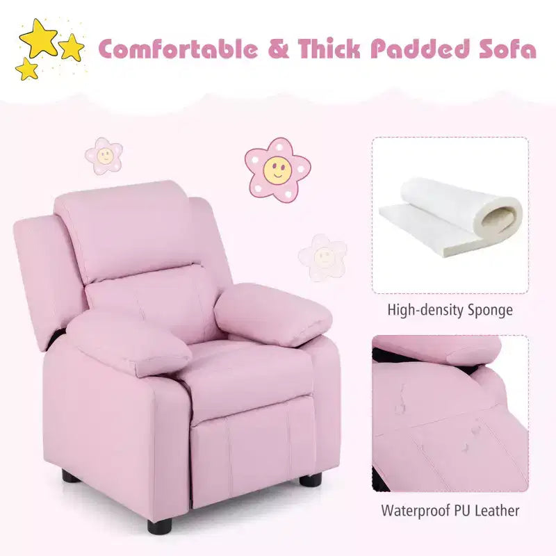 Fauteuil inclinable en similicuir PU pour enfants avec rangement dans les accoudoirs, appuie-tête et repose-pieds réglable