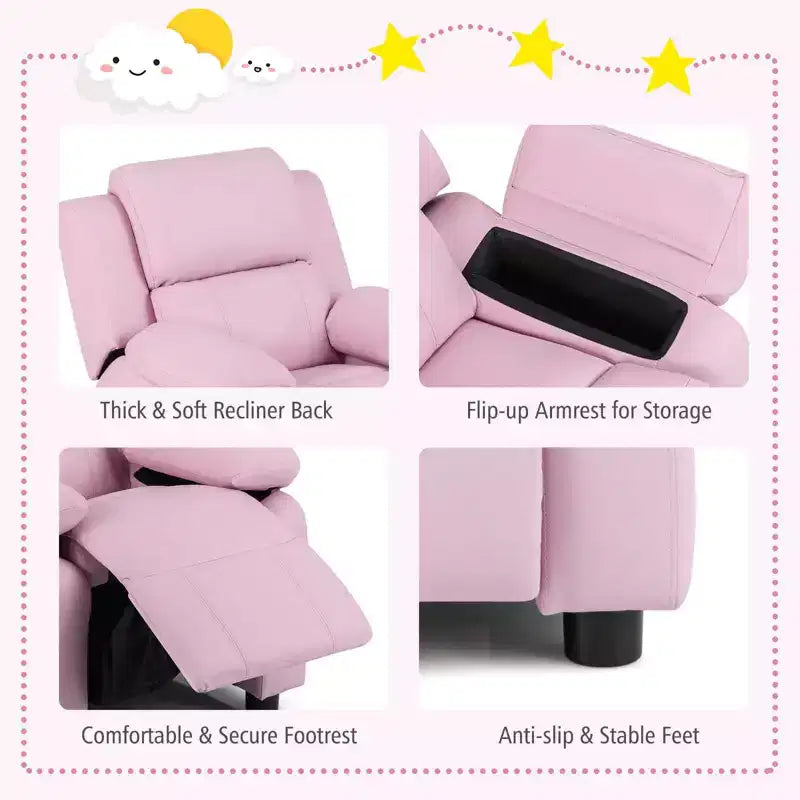 Fauteuil inclinable en similicuir PU pour enfants avec rangement dans les accoudoirs, appuie-tête et repose-pieds réglable