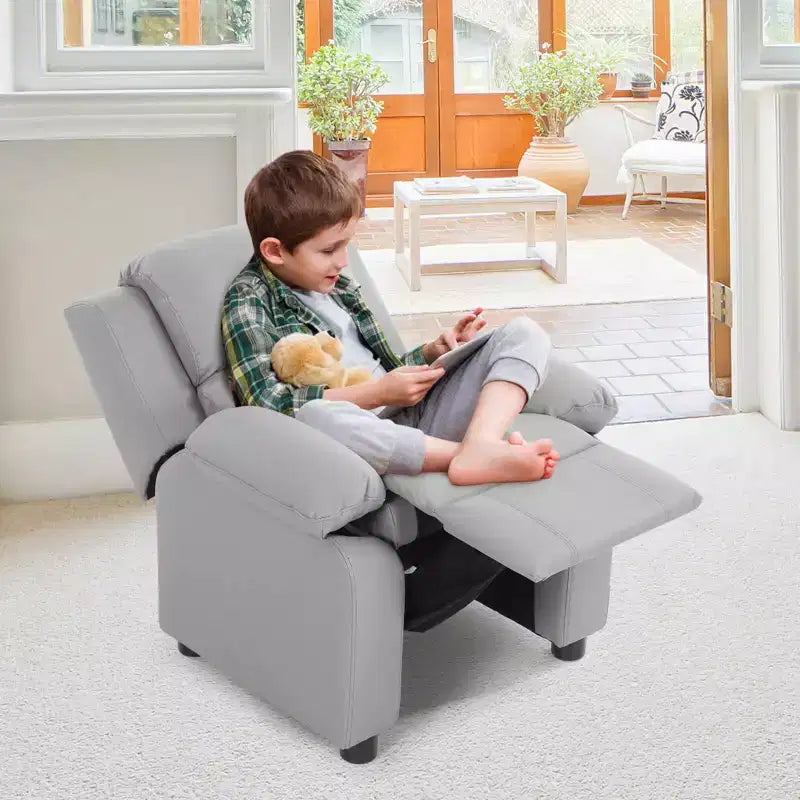 Fauteuil inclinable en similicuir PU pour enfants avec rangement dans les accoudoirs, appuie-tête et repose-pieds réglable