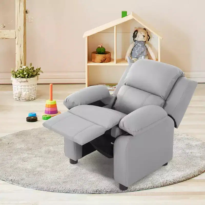 Fauteuil inclinable en similicuir PU pour enfants avec rangement dans les accoudoirs, appuie-tête et repose-pieds réglable