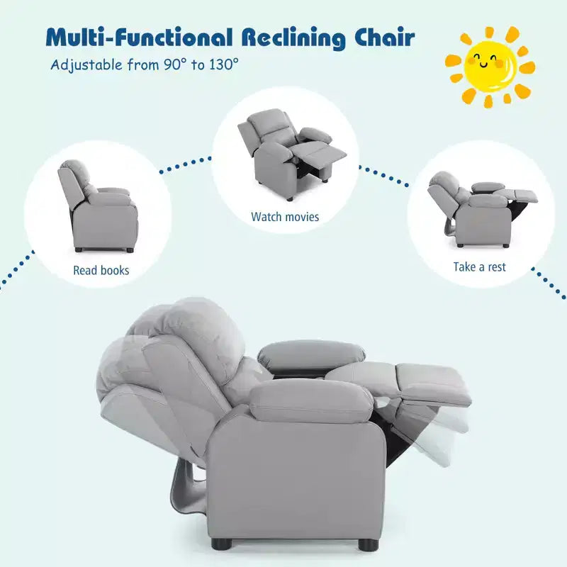 Fauteuil inclinable en similicuir PU pour enfants avec rangement dans les accoudoirs, appuie-tête et repose-pieds réglable