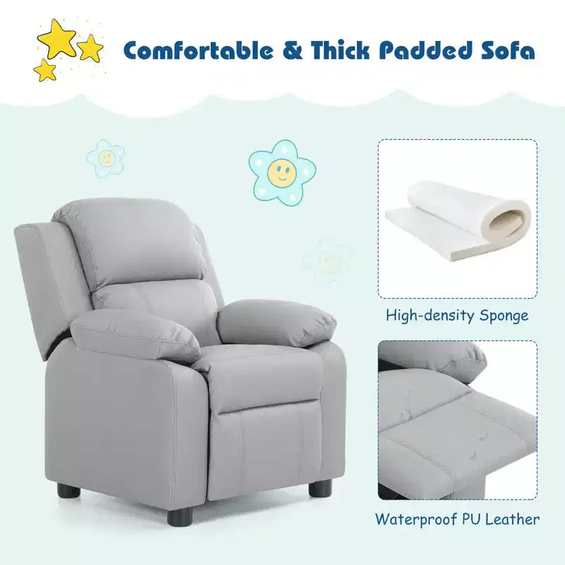 Fauteuil inclinable en similicuir PU pour enfants avec rangement dans les accoudoirs, appuie-tête et repose-pieds réglable