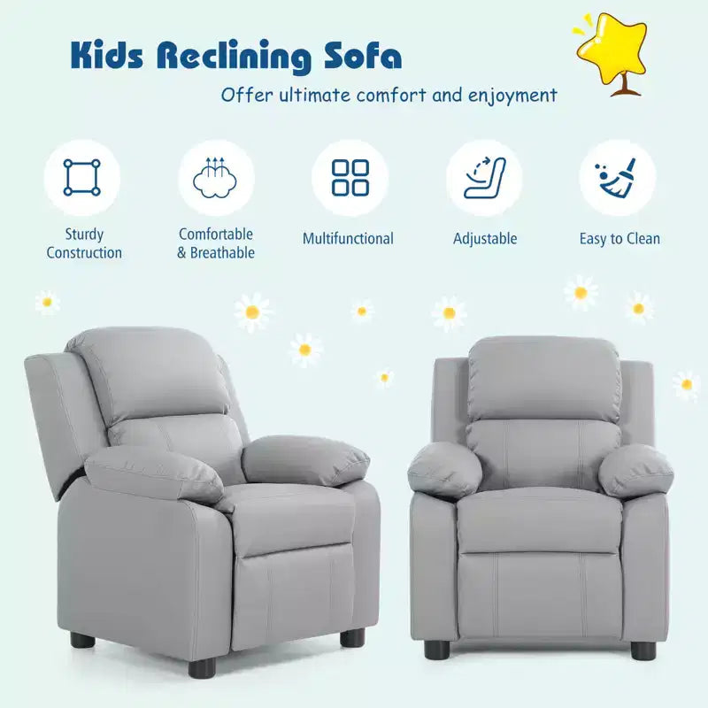 Fauteuil inclinable en similicuir PU pour enfants avec rangement dans les accoudoirs, appuie-tête et repose-pieds réglable