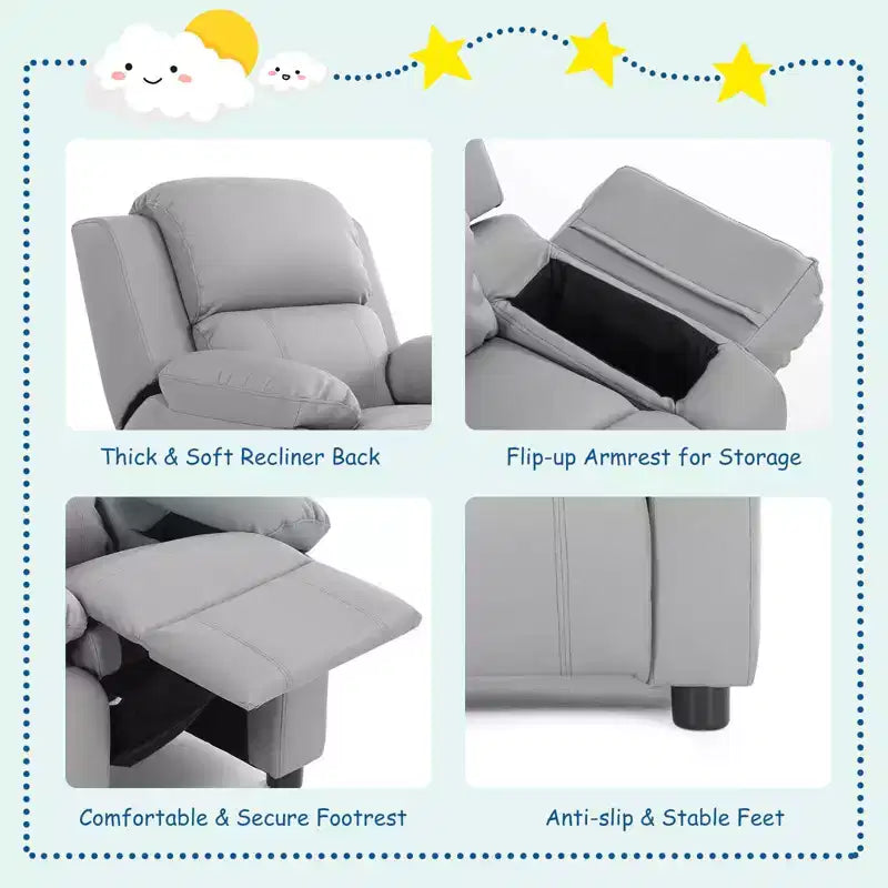 Fauteuil inclinable en similicuir PU pour enfants avec rangement dans les accoudoirs, appuie-tête et repose-pieds réglable