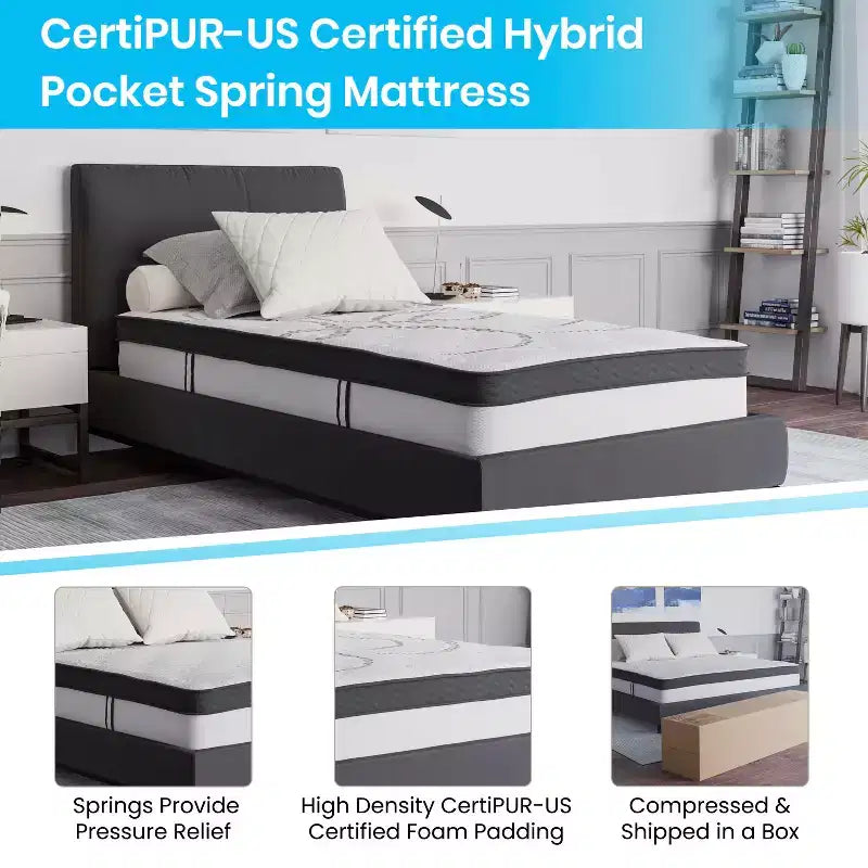 Cadre de lit plateforme en métal 14" avec matelas à ressorts ensachés 10" et surmatelas en mousse à gel rafraîchissant 2"