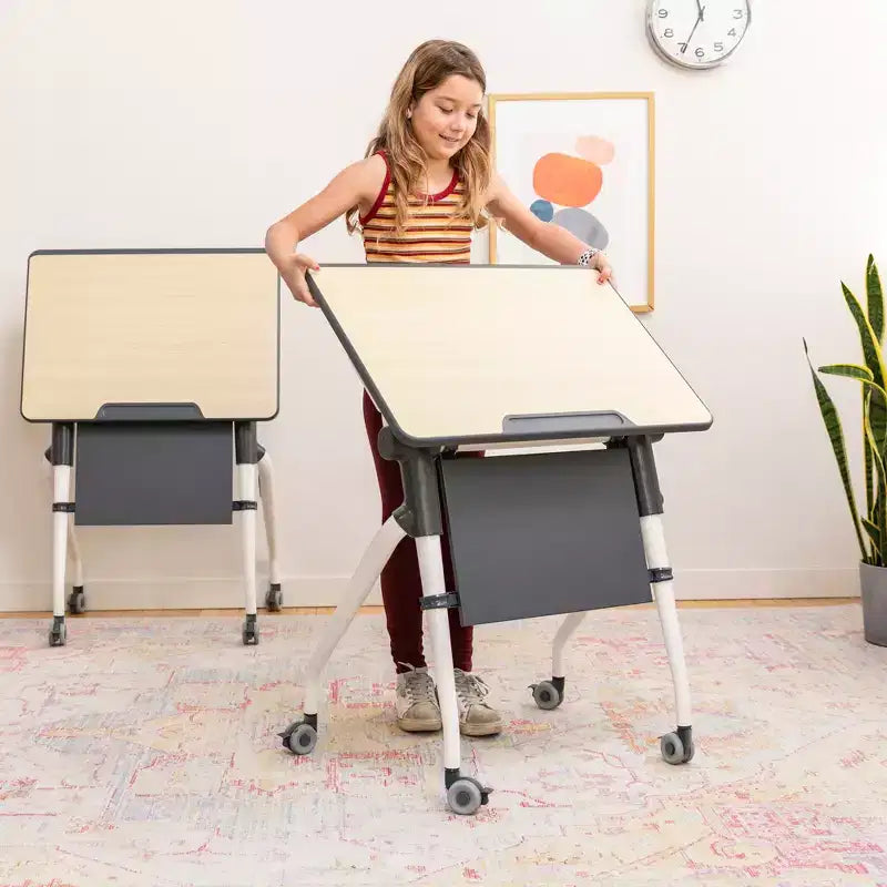 Bureau étudiant gigogne avec panneau de modestie et roulettes verrouillables – Érable/Gris