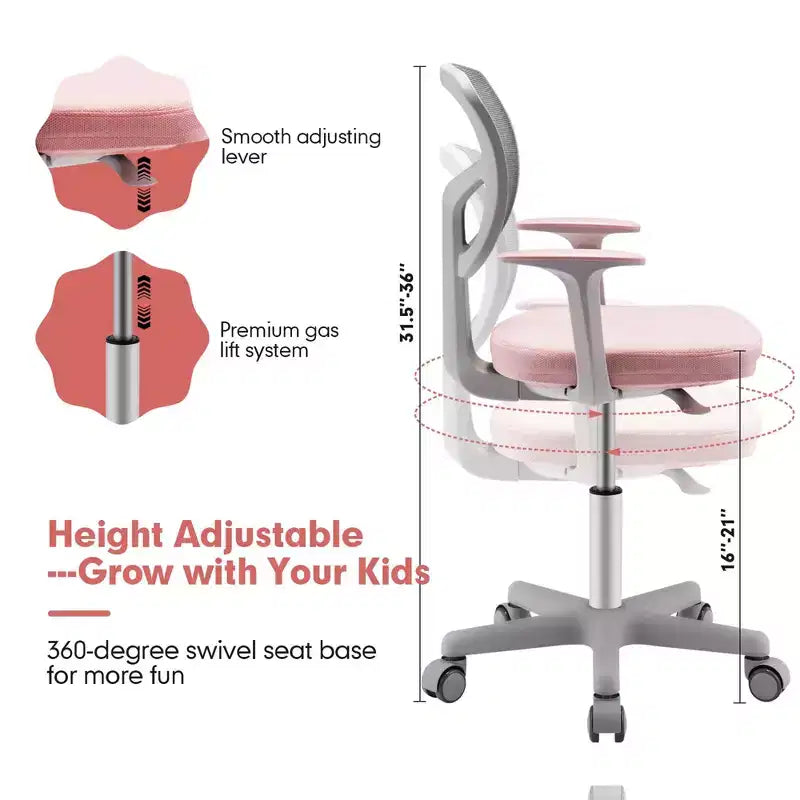 Chaise de bureau pour enfants réglable en hauteur avec roulettes autobloquantes et support lombaire