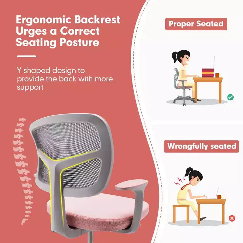 Chaise de bureau pour enfants réglable en hauteur avec roulettes autobloquantes et support lombaire
