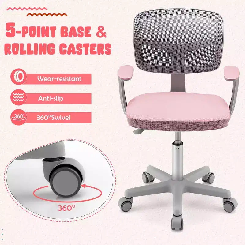 Chaise de bureau pour enfants réglable en hauteur avec roulettes autobloquantes et support lombaire