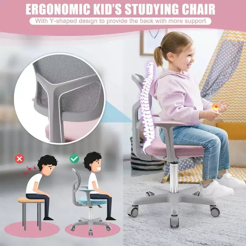 Chaise de bureau pour enfants réglable en hauteur avec roulettes autobloquantes et support lombaire