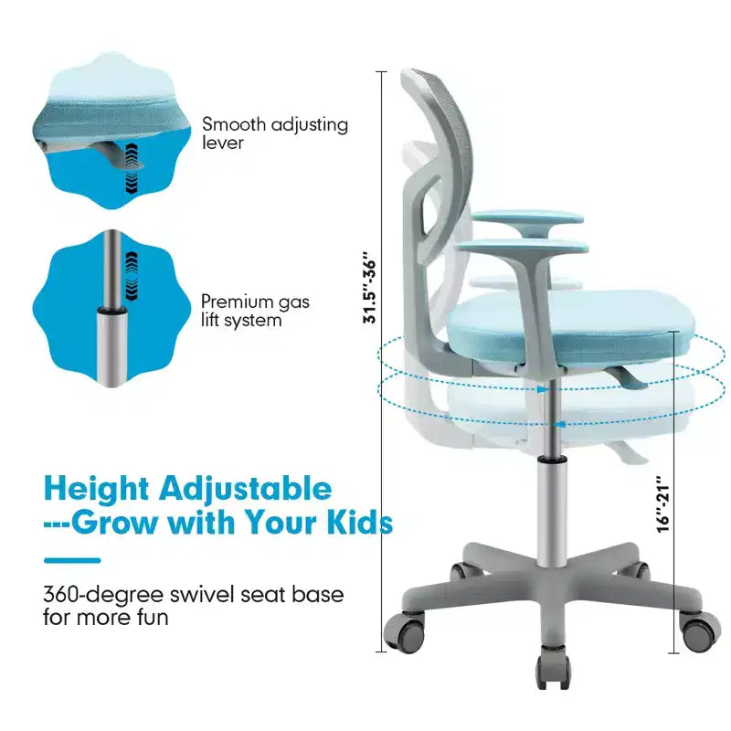 Chaise de bureau pour enfants réglable en hauteur avec roulettes autobloquantes et support lombaire