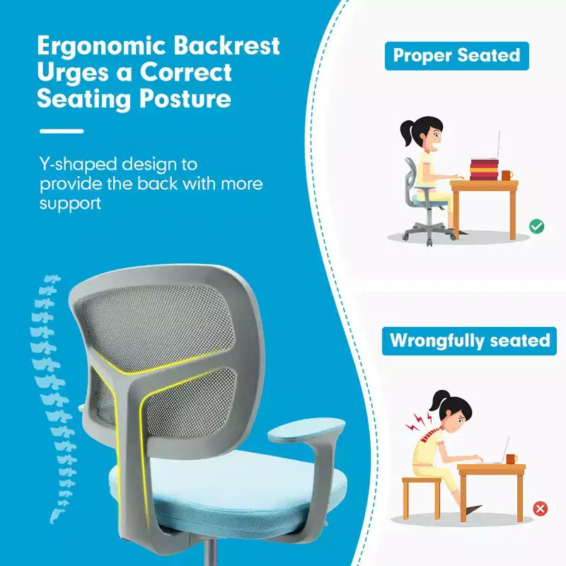 Chaise de bureau pour enfants réglable en hauteur avec roulettes autobloquantes et support lombaire