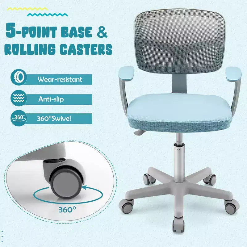 Chaise de bureau pour enfants réglable en hauteur avec roulettes autobloquantes et support lombaire