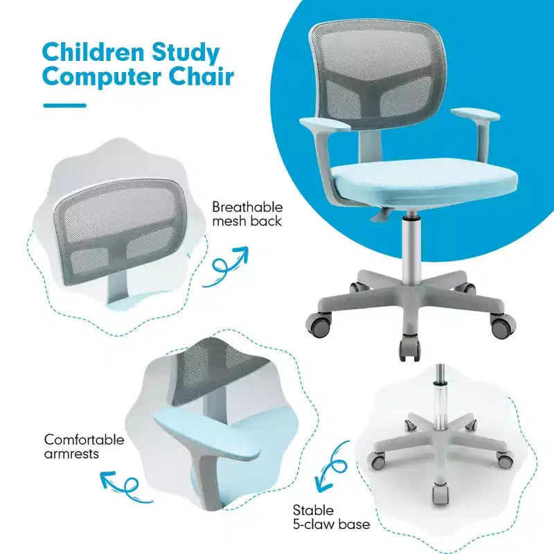Chaise de bureau pour enfants réglable en hauteur avec roulettes autobloquantes et support lombaire