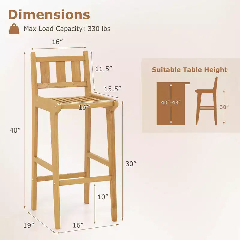 30" Teak Wood Bar Stool with Footrest & Backrest
