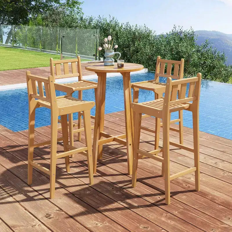 30" Teak Wood Bar Stool with Footrest & Backrest