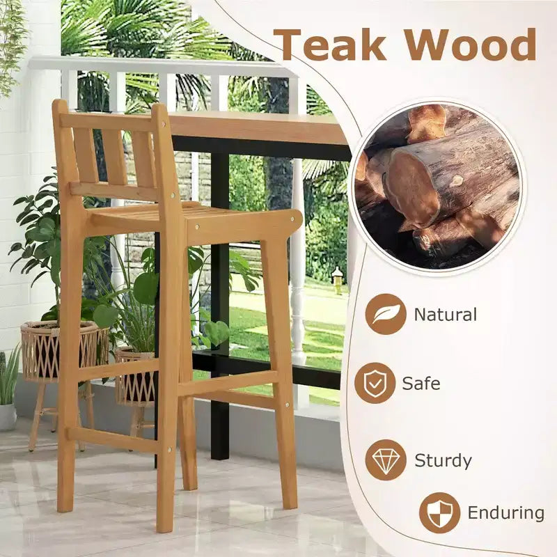 30" Teak Wood Bar Stool with Footrest & Backrest