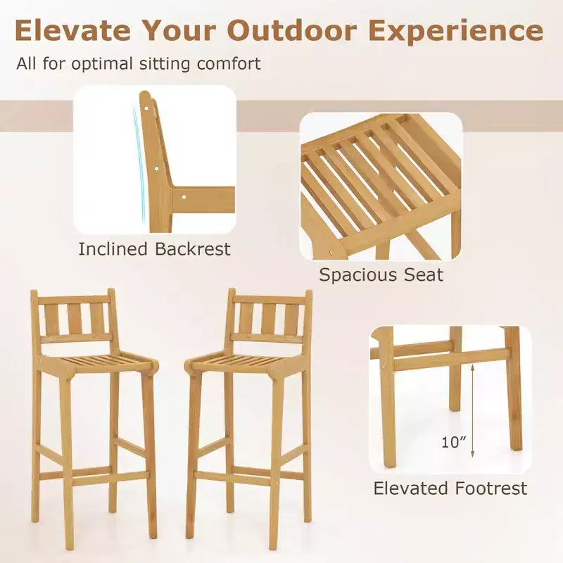 30" Teak Wood Bar Stool with Footrest & Backrest