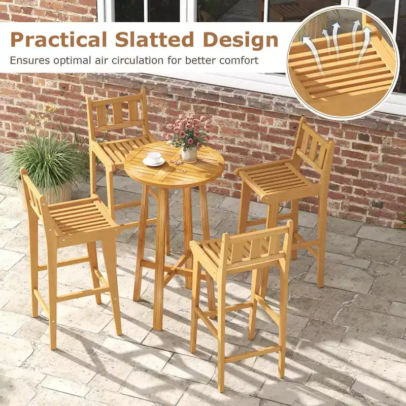 30" Teak Wood Bar Stool with Footrest & Backrest