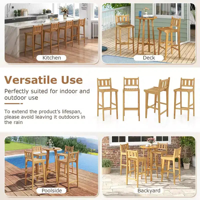 30" Teak Wood Bar Stool with Footrest & Backrest